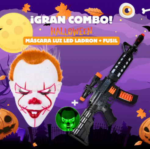 MEGA COMBO Máscara Terrorífica Doble Luz + Arma